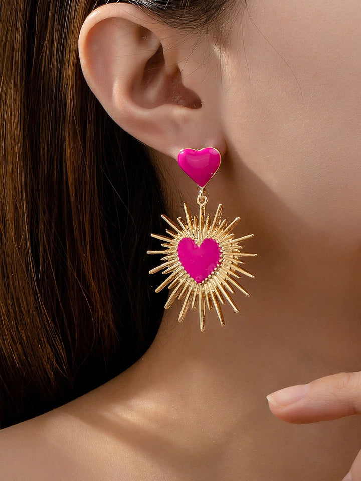 Fuchsia heart hoop earrings with gold rays