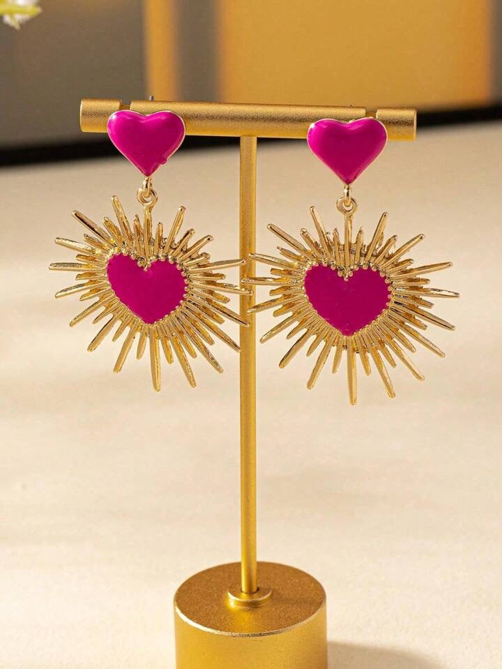 Fuchsia heart hoop earrings with gold rays